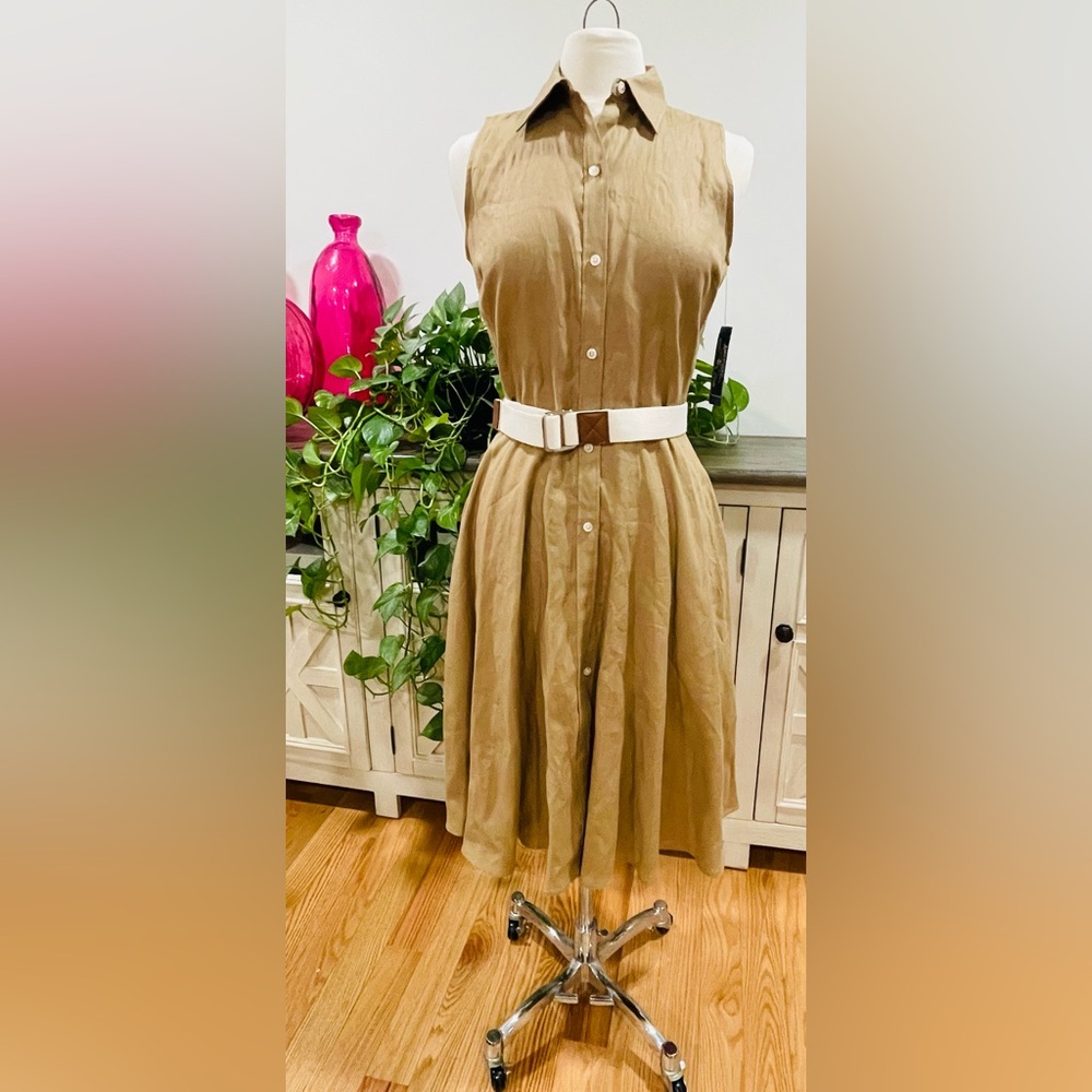 American Living Tan Sleeveless Midi Dress with Belt
